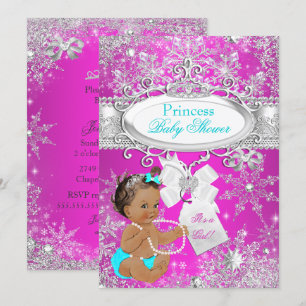 Invitation Princesse Baby shower Hot rose Aqua Brunette