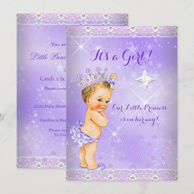 Invitation Princesse Baby shower Lilac Lavender Tiara Blonde (Devant / Derrière)