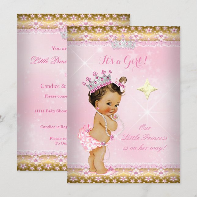 Invitation Princesse Baby shower Pink Gold Lace Tiara Brunett (Devant / Derrière)