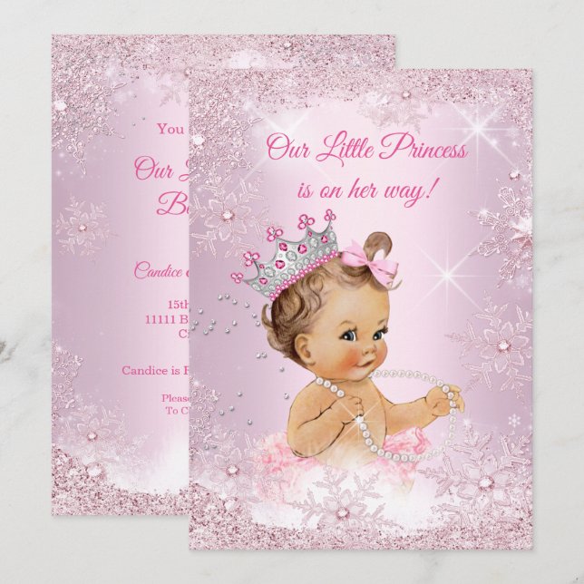 Invitation Princesse Baby shower Pink Snowflake hiver (Devant / Derrière)