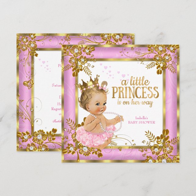 Invitation Princesse Baby shower Pink Tutu Floral Blonde (Devant / Derrière)