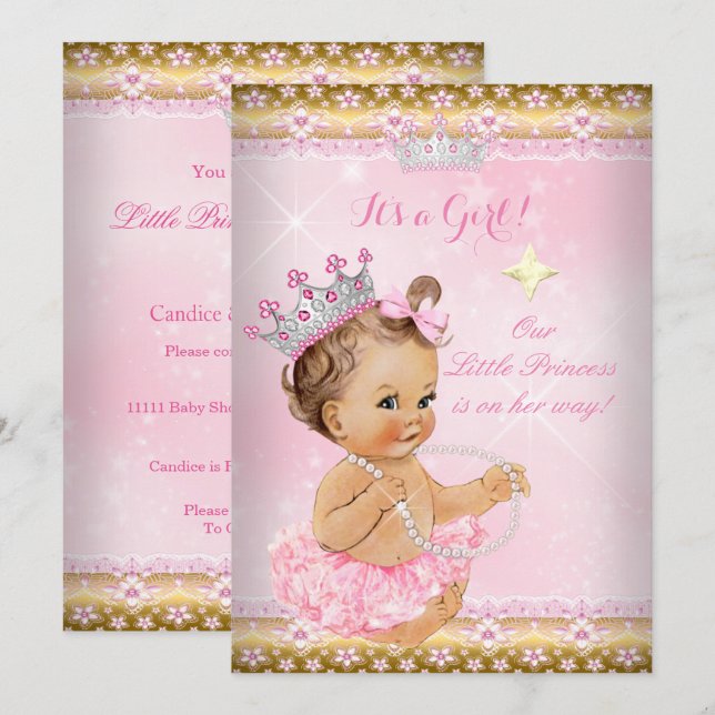 Invitation Princesse Baby shower Pink Tutu Gold Tiara Brunett (Devant / Derrière)