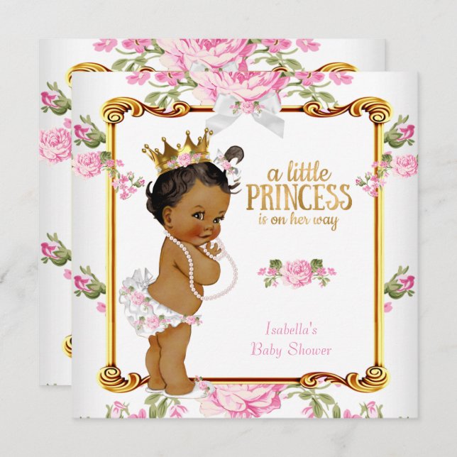Invitation Princesse Baby shower Rose Blanc Floral Ethnique (Devant / Derrière)
