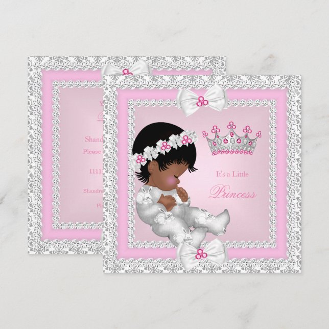 Invitation Princesse Baby shower Rose Blanc Gris Damas Ethniq (Devant / Derrière)