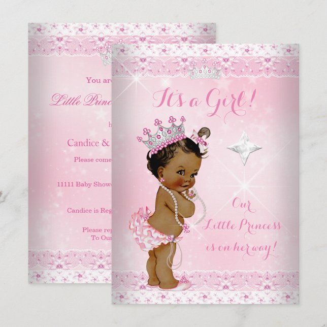 Invitation Princesse Baby shower Rose dentelle Tiara Ethnic (Devant / Derrière)