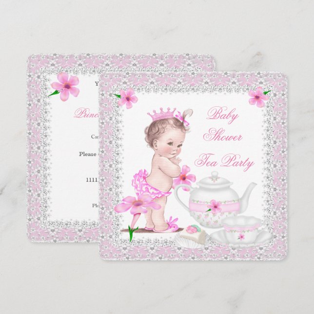 Invitation Princesse Baby shower rose Fille Tea Party (Devant / Derrière)