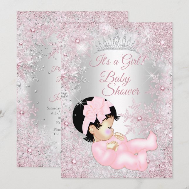 Invitation Princesse Baby shower rose hiver Wonderland (Devant / Derrière)