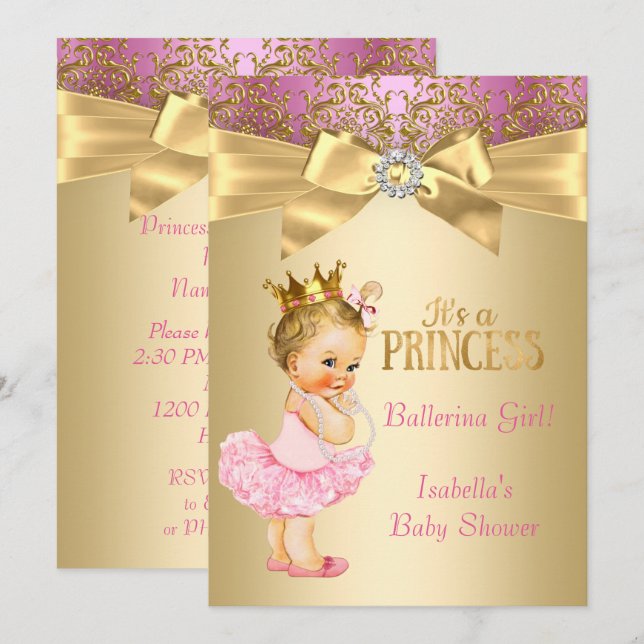 Invitation Princesse Baby shower Rose Or Ballerina Blonde (Devant / Derrière)