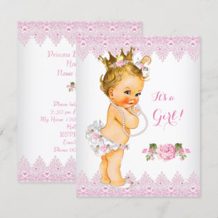 Invitation Princesse Baby shower Rose Rose dentelle Blanc Blo