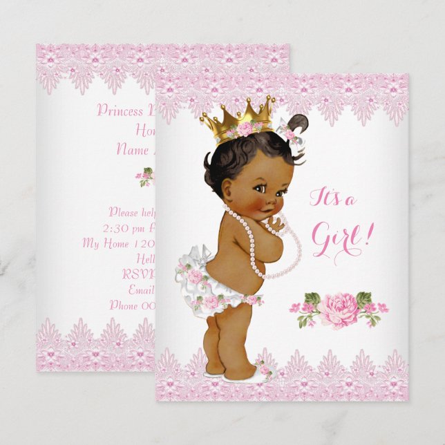 Invitation Princesse Baby shower Rose Rose dentelle blanche e (Devant / Derrière)