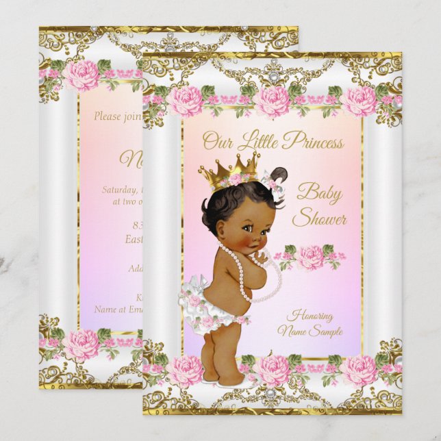 Invitation Princesse Baby shower Rose Rose Or Blanc Ethnique (Devant / Derrière)