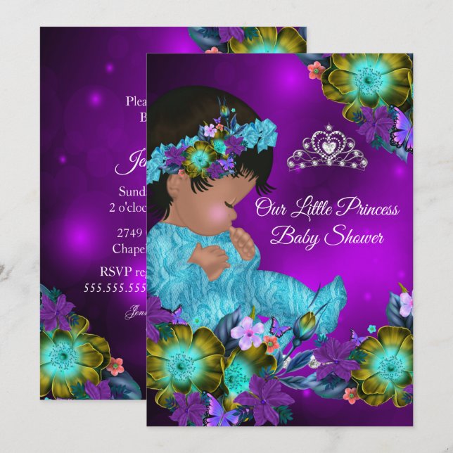 Invitation Princesse Baby shower Turquoise Bleu pourpre Fille (Devant / Derrière)