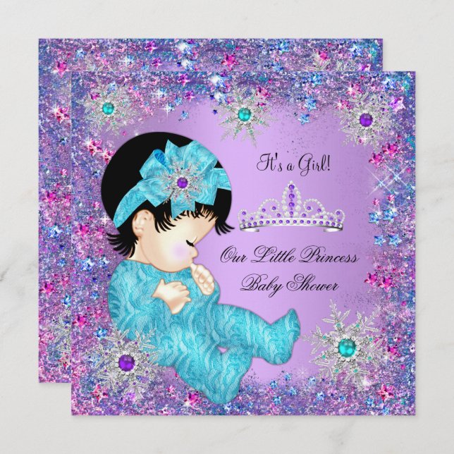 Invitation Princesse Baby shower Turquoise Bleu pourpre rose  (Devant / Derrière)