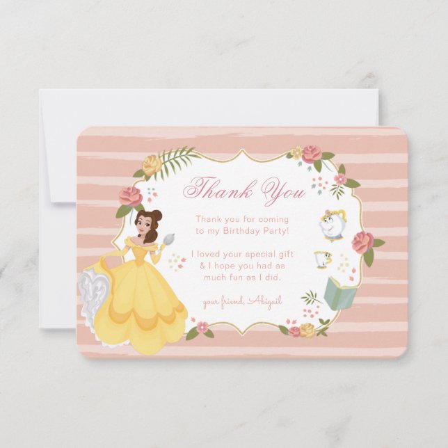 Invitation Princesse Belle | Merci d'anniversaire rose (Devant)