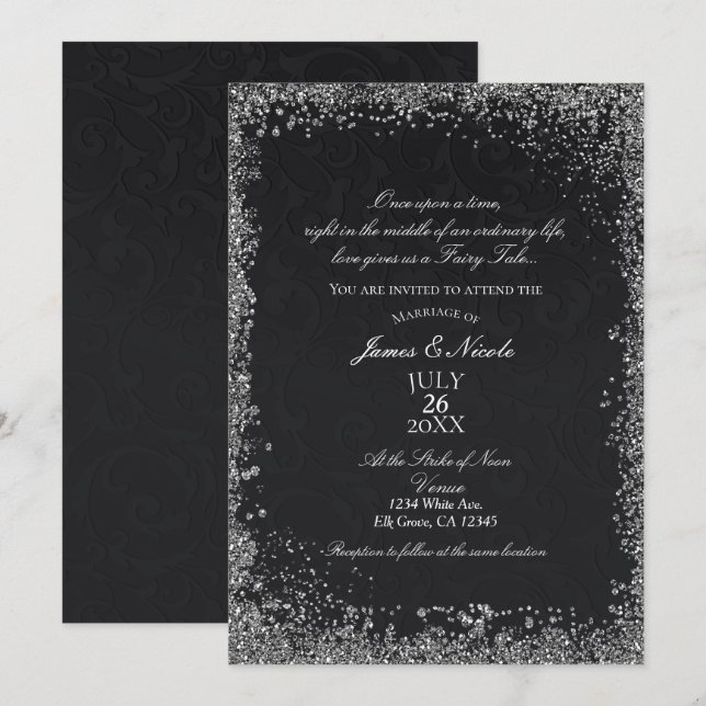 Invitation Princesse Black Damask Élégant Mariage de livre d' (Devant / Derrière)