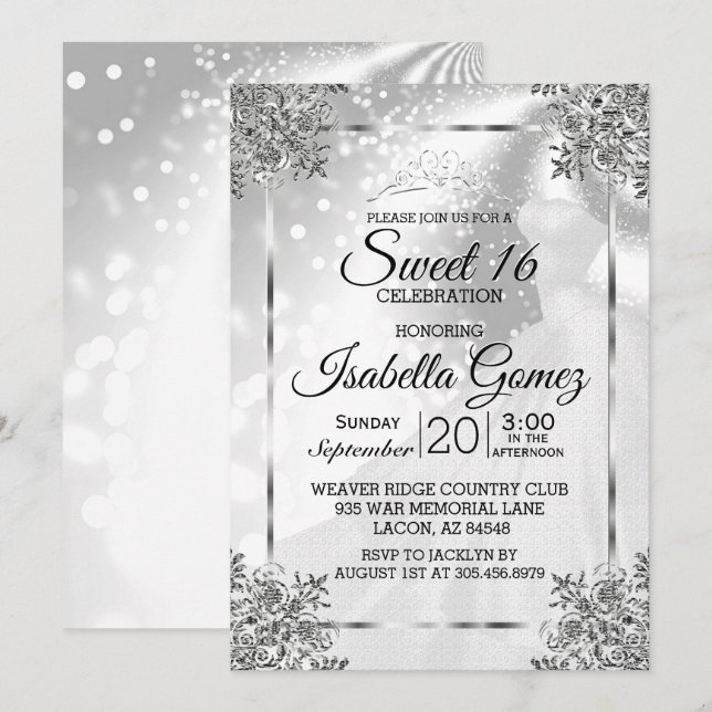 Invitation Princesse blanche Sweet sixteen (Devant / Derrière)