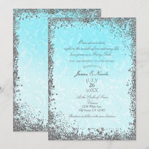 Invitation Princesse Bleu Argent Élégant Mariage Conte de Fée