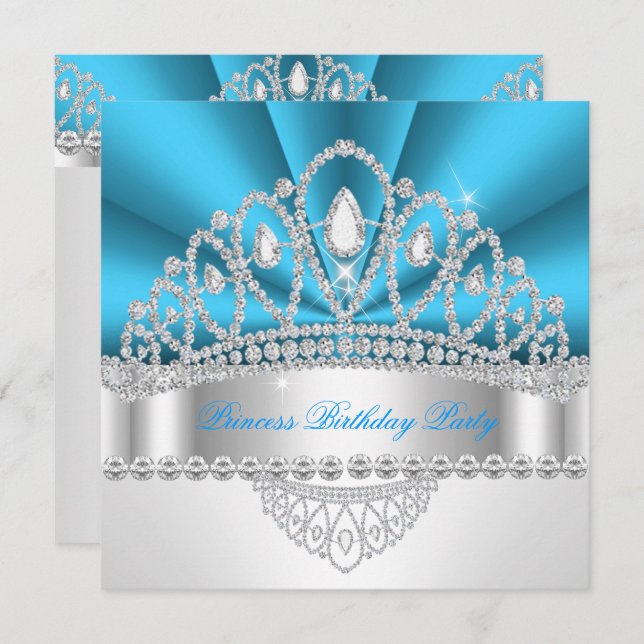 Invitation Princesse Bleue Blanc Diamant Tiara fête d'anniver (Devant / Derrière)