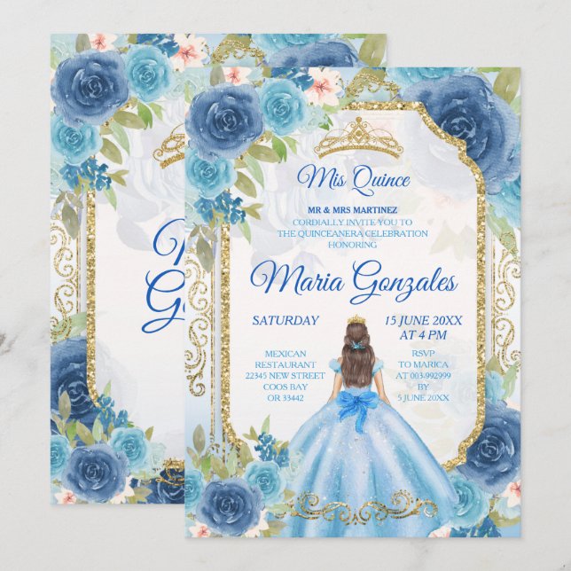 Invitation Princesse Bleue Rose Mexicaine 15 Anos (Devant / Derrière)