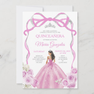 Invitation Princesse Bow Rose Doux Couronne argent Quinceañer