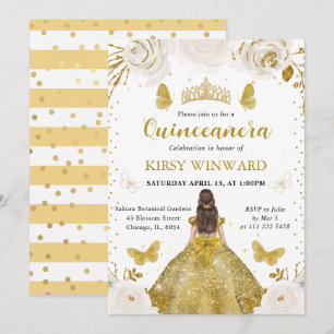 Invitation Princesse Brunette en Robe Dorée pour Quinceanera