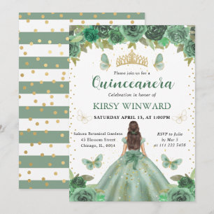 Invitation Princesse Brunette en Robe Verte pour Quinceanera