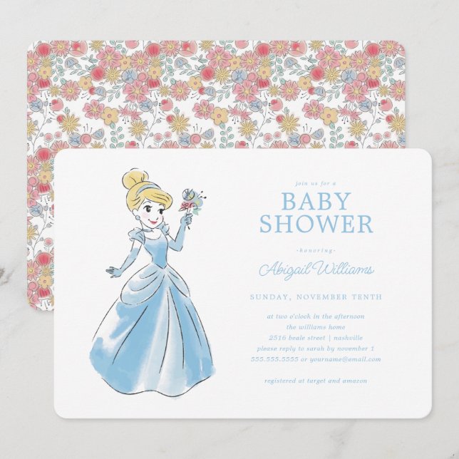 Invitation Princesse Cendrillon | Floral Girl Baby shower (Devant / Derrière)