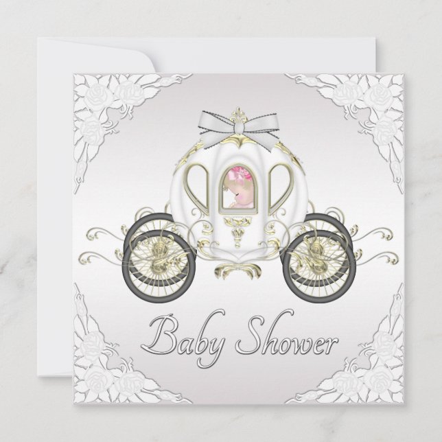 Invitation Princesse Coach et baby shower de blanc de roses (Devant)