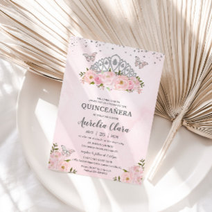 Invitation Princesse Couronne Quinceañera Papillons floraux r