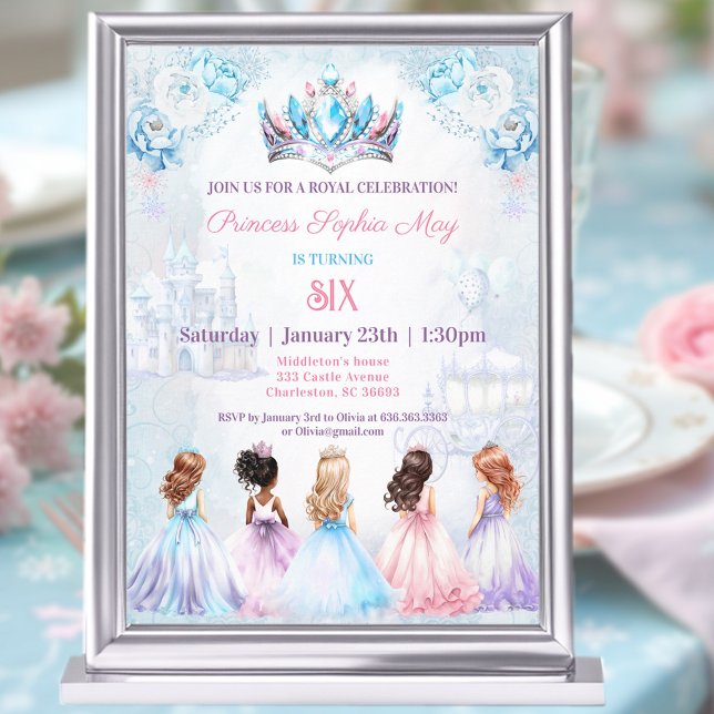 Invitation Princesse Couronne rose bleu violet hiver Annivers (Princess Crown Pink Blue Purple Winter Birthday Invitation)