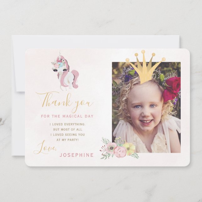 Invitation Princesse couronne rose et or fille photo merci (Devant)