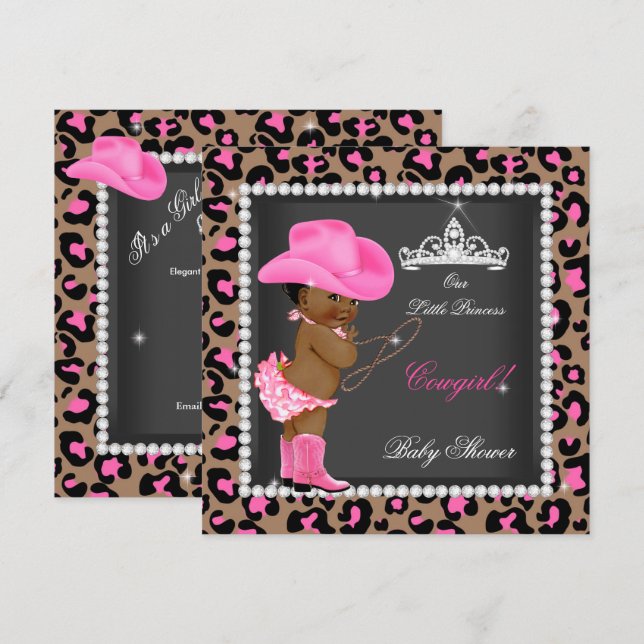Invitation Princesse Cowgirl Baby shower rose Brown ethnique (Devant / Derrière)