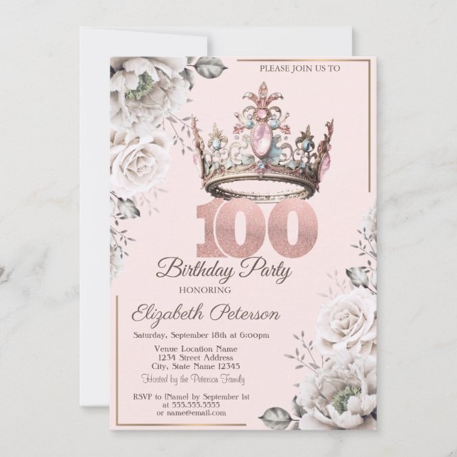 Invitation Princesse Crown Floral 100e fête d'anniversaire (Devant)