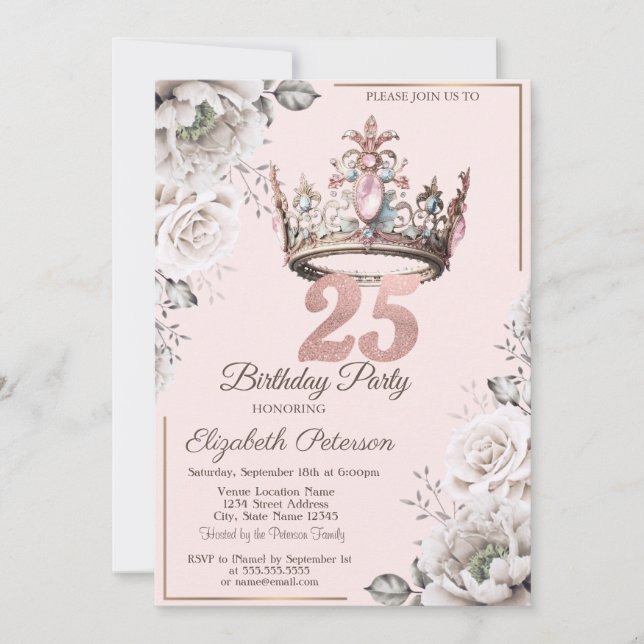 Invitation Princesse Crown Floral 25e fête d'anniversaire (Devant)