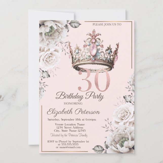 Invitation Princesse Crown Floral 30e fête d'anniversaire (Devant)