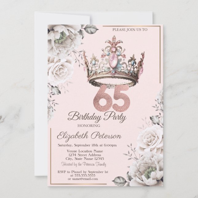 Invitation Princesse Crown Floral 65e fête d'anniversaire (Devant)