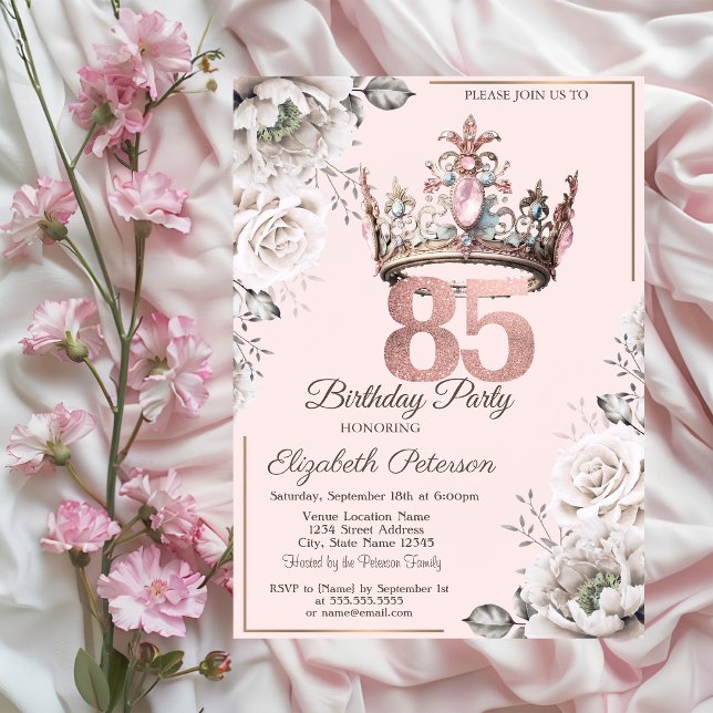 Invitation Princesse Crown Floral 85e fête d'anniversaire (Créateur téléchargé)