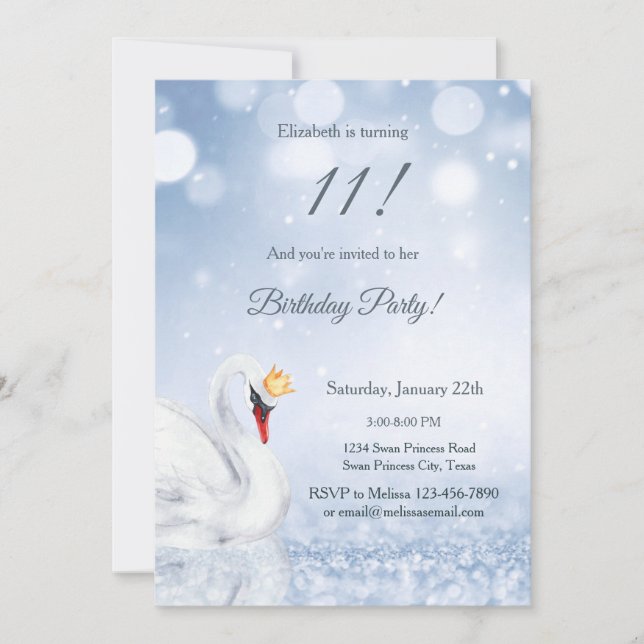 Invitation Princesse cygne paillettes bleues Anniversaire fil (Devant)