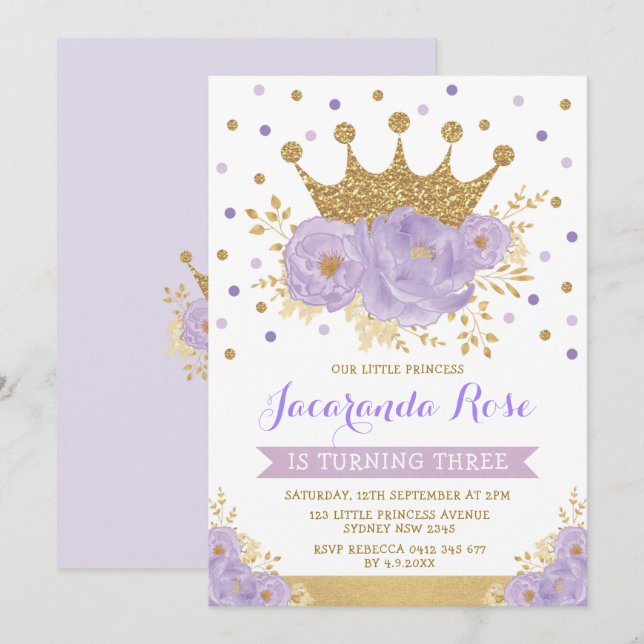 Invitation Princesse d'Anniversaire de la Couronne Florale d' (Devant / Derrière)