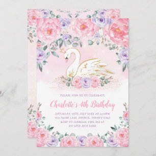 Invitation Princesse d'Anniversaire du cygne rose violet