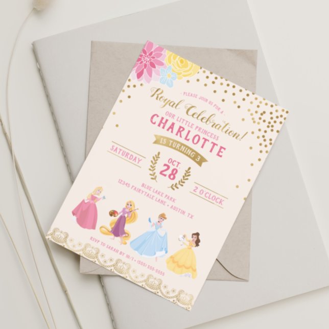 Invitation Princesse Disney | Confettis dorés floraux (Créateur téléchargé)