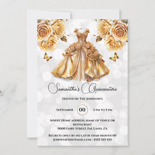 Invitation Princesse d'or Quinceañera imaginaire lune rose (Devant)