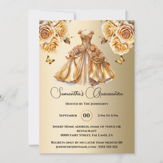 Invitation Princesse d'or Quinceañera papillon rose (Devant)