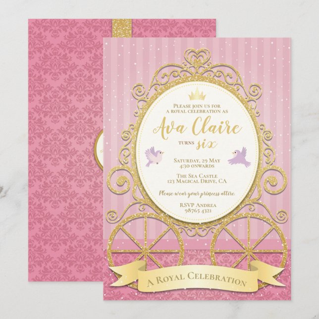 Invitation Princesse d'or rose| Cendrillon| Anniversaire roya (Devant / Derrière)