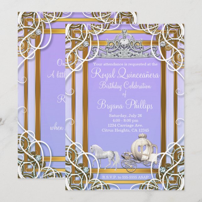 Invitation Princesse d'or violet Couronne & Carriage Quinceañ (Devant / Derrière)