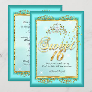 Invitation Princesse Douze Ans Bleu Turquoise Or Fête d'Anniv
