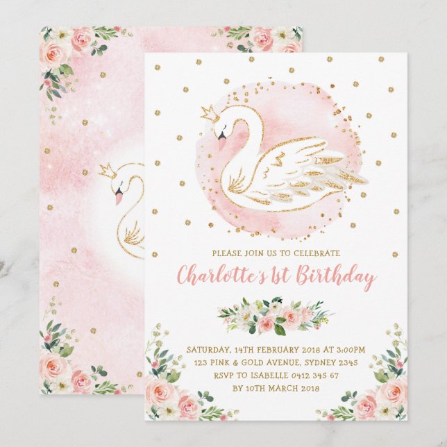 Invitation Princesse du cygne floral / Anniversaire de l'or d (Devant / Derrière)