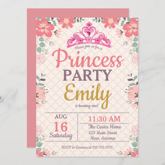 Invitation Princesse D'Un An (Devant / Derrière)