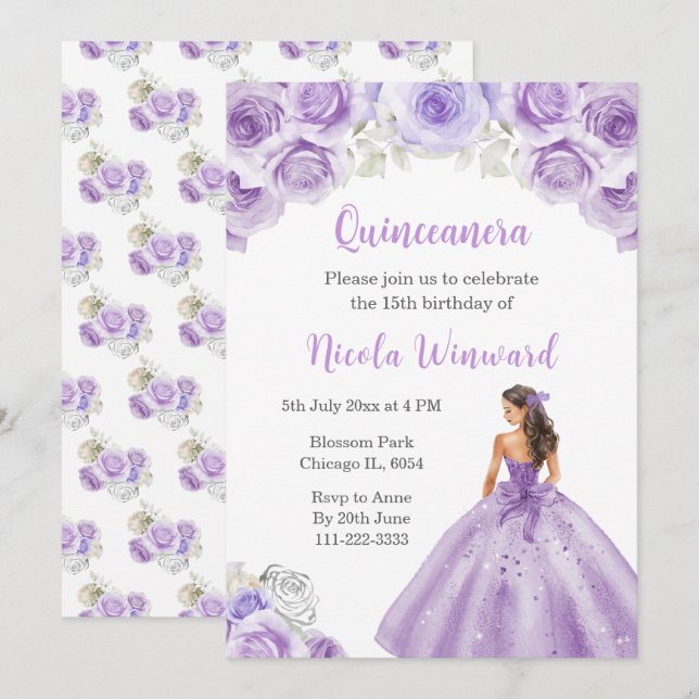 Invitation Princesse en Dusty Robe violette Quinceanera (Devant / Derrière)