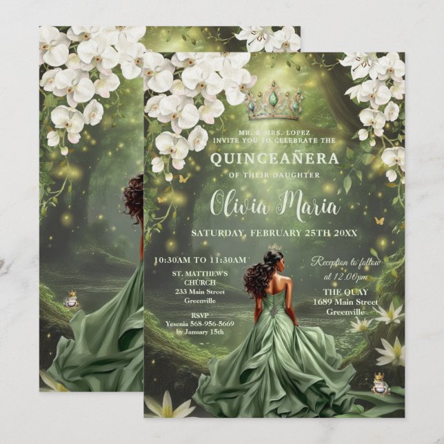 Invitation Princesse Enchanteresse & Grenouille Robe Verte Qu (Devant / Derrière)